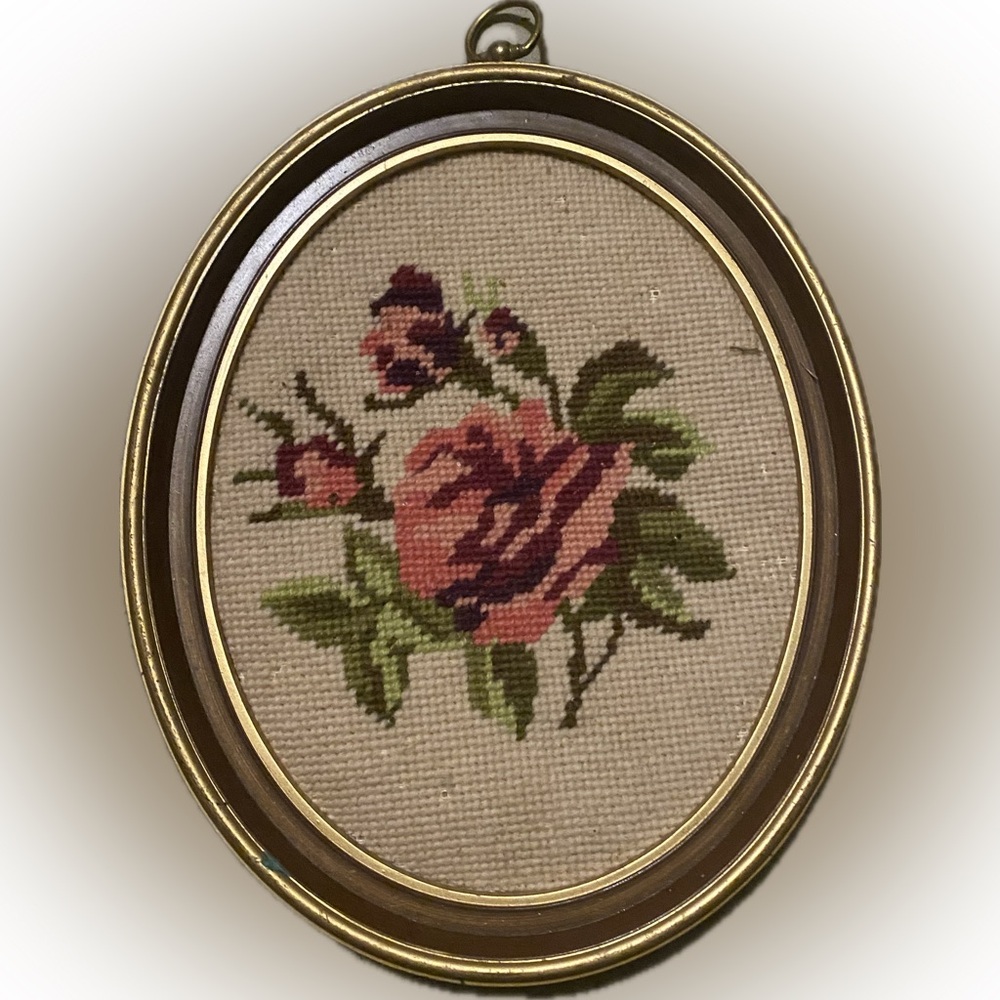Vintage Needlepoint Rose Floral Embroidered Wall Art